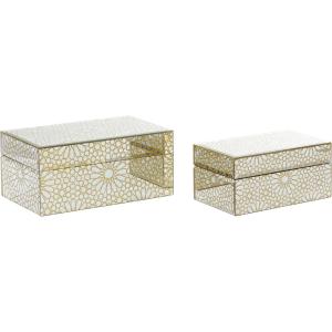 imageCosmoLiving by Cosmopolitan Wooden Geometric Decorative Box Hinged Lid Decorative Keepsake Boxes Set of 2 Storage Boxes 11quot 9quotW GoldJewley Box