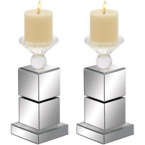 imageDeco 79 Glass Pillar Candle Holder with Mirrored Sides 4quot x 4quot x 10quot Silver4x10 Pack of 2