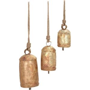 imageDeco 79 Gold Metal Tibetan Inspired Decorative Giant XL Cow Bells with Jute Hanging Rope Set of 3 10quot8quot6quotH  CylindricalDark Gold