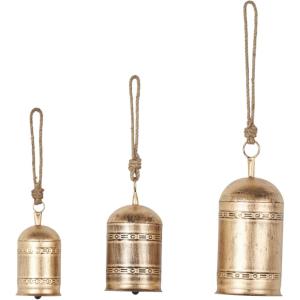imageDeco 79 Gold Metal Tibetan Inspired Decorative Giant XL Cow Bells with Jute Hanging Rope Set of 3 10quot8quot6quotH  CylindricalLight Bronze
