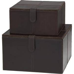 imageDeco 79 Leather Handmade Decorative Box Storage Decorative Keepsake Boxes with Snap Front Closure and Detailed Stitching Set of 2 Storage Boxes 10quot 8quot W Dark BrownDark Brown