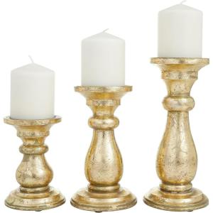 imageDeco 79 Mango Wood Decorative Candle Holder Turned Style Pillar Candle Stand Set of 3 Candlestick Holder 10quot 8quot 6quotH GoldGold