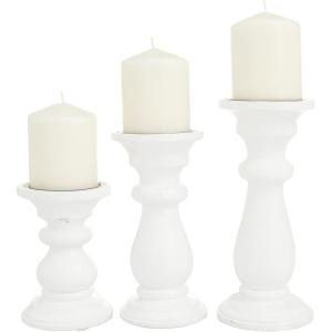 imageDeco 79 Mango Wood Decorative Candle Holder Turned Style Pillar Candle Stand Set of 3 Candlestick Holder 10quot 8quot 6quotH GoldWhite