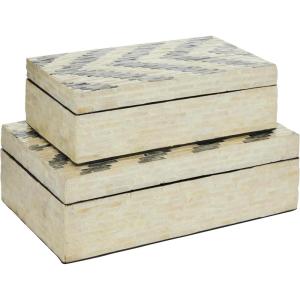 imageDeco 79 Mother of Pearl Shell Handmade Decorative Box Chevron Pattern Decorative Keepsake Boxes with Hinged Lid Set of 2 Storage Boxes 14quot 12quotW CreamCream