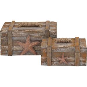imageDeco 79 Wood Starfish Handmade Decorative Box Distressed Decorative Keepsake Boxes with Knotted Rope Details Set of 2 Storage Boxes 10quot 7quotW Brown
