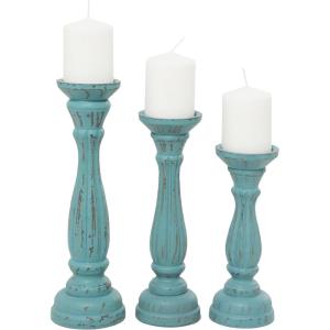 imageDeco 79 Wooden Decorative Candle Holder Distressed Turned Candle Stand Set of 3 Candlestick Holder 15quot 13quot 11quotH GrayBlue