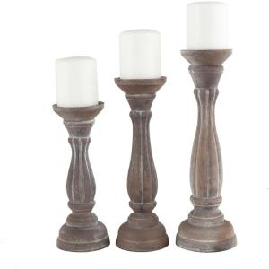 imageDeco 79 Wooden Decorative Candle Holder Distressed Turned Candle Stand Set of 3 Candlestick Holder 15quot 13quot 11quotH GrayBrown