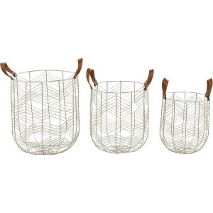 imageCosmoLiving by Cosmopolitan Metal Round Storage Basket with Faux Leather Handles Set of 3 16quot 14quot 12quotH GoldSilver