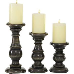 imageDeco 79 Mango Wood Decorative Candle Holder Distressed Turned Pillar Candle Stand Set of 3 Candlestick Holder 6quot 8quot 10quotH BlackBlack