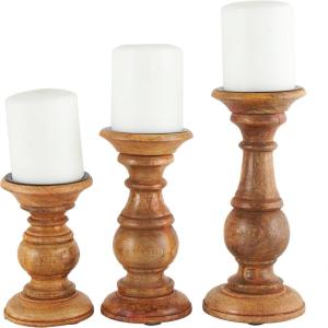 imageDeco 79 Mango Wood Decorative Candle Holder Distressed Turned Pillar Candle Stand Set of 3 Candlestick Holder 6quot 8quot 10quotH BlackBrown