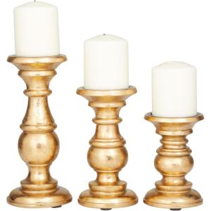 imageDeco 79 Mango Wood Decorative Candle Holder Distressed Turned Pillar Candle Stand Set of 3 Candlestick Holder 6quot 8quot 10quotH BlackGold