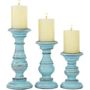 imageDeco 79 Mango Wood Decorative Candle Holder Distressed Turned Pillar Candle Stand Set of 3 Candlestick Holder 6quot 8quot 10quotH BlackLight Blue