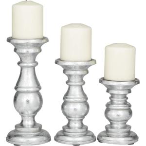 imageDeco 79 Mango Wood Decorative Candle Holder Distressed Turned Pillar Candle Stand Set of 3 Candlestick Holder 6quot 8quot 10quotH BlackSilver