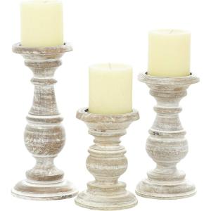 imageDeco 79 Mango Wood Decorative Candle Holder Distressed Turned Pillar Candle Stand Set of 3 Candlestick Holder 6quot 8quot 10quotH BlackWhite