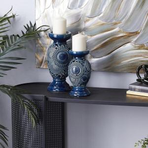 imageDeco 79 Polystone Decorative Candle Holder Tall Standing Candle Stand Candlestick Holder 8quot x 8quot x 22quot GoldBlue