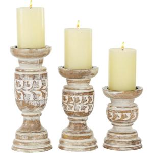 imageDeco 79 Wood Handmade Candle Holder with Carved Designs Set of 3 6quot 8quot 10quotH Beige