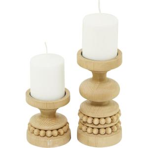 imageThe Novogratz Wood Decorative Candle Holder Beaded Pillar Candle Stand Set of 2 Candlestick Holder 8quot 4quotH BrownBrown