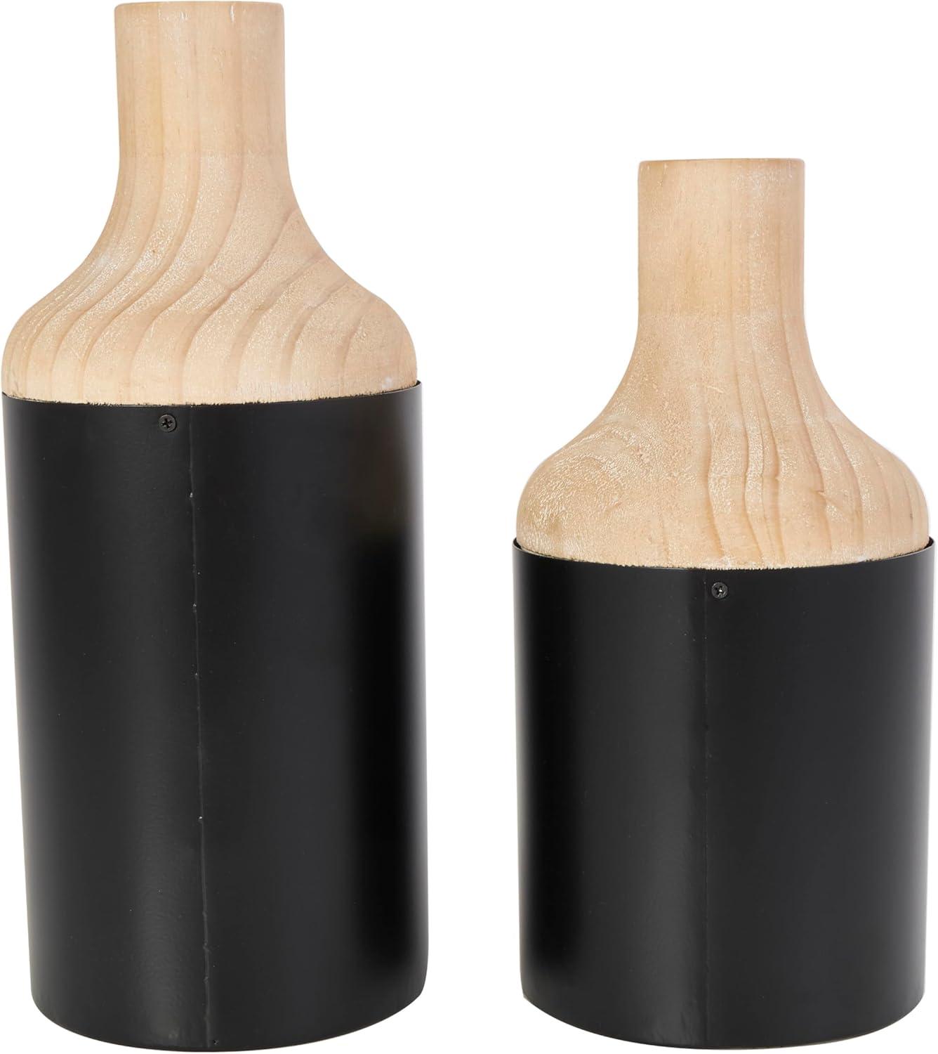 imageDeco 79 Metal Decorative Vase Color Block Centerpiece Vases with Rounded Linear Grooves and Brown Wood Tops Set of 2 Flower Vases for Home Decoration 11quot 10quot H BlackBlack