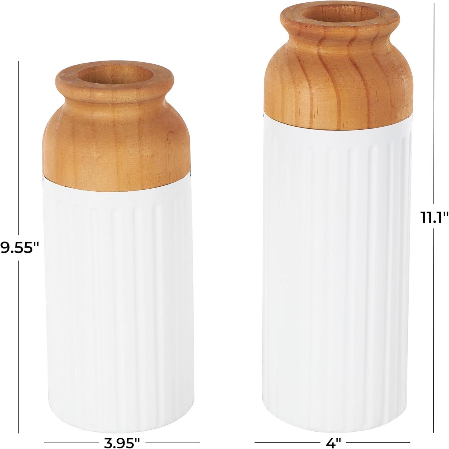 imageDeco 79 Metal Decorative Vase Color Block Centerpiece Vases with Rounded Linear Grooves and Brown Wood Tops Set of 2 Flower Vases for Home Decoration 11quot 10quot H BlackWhite