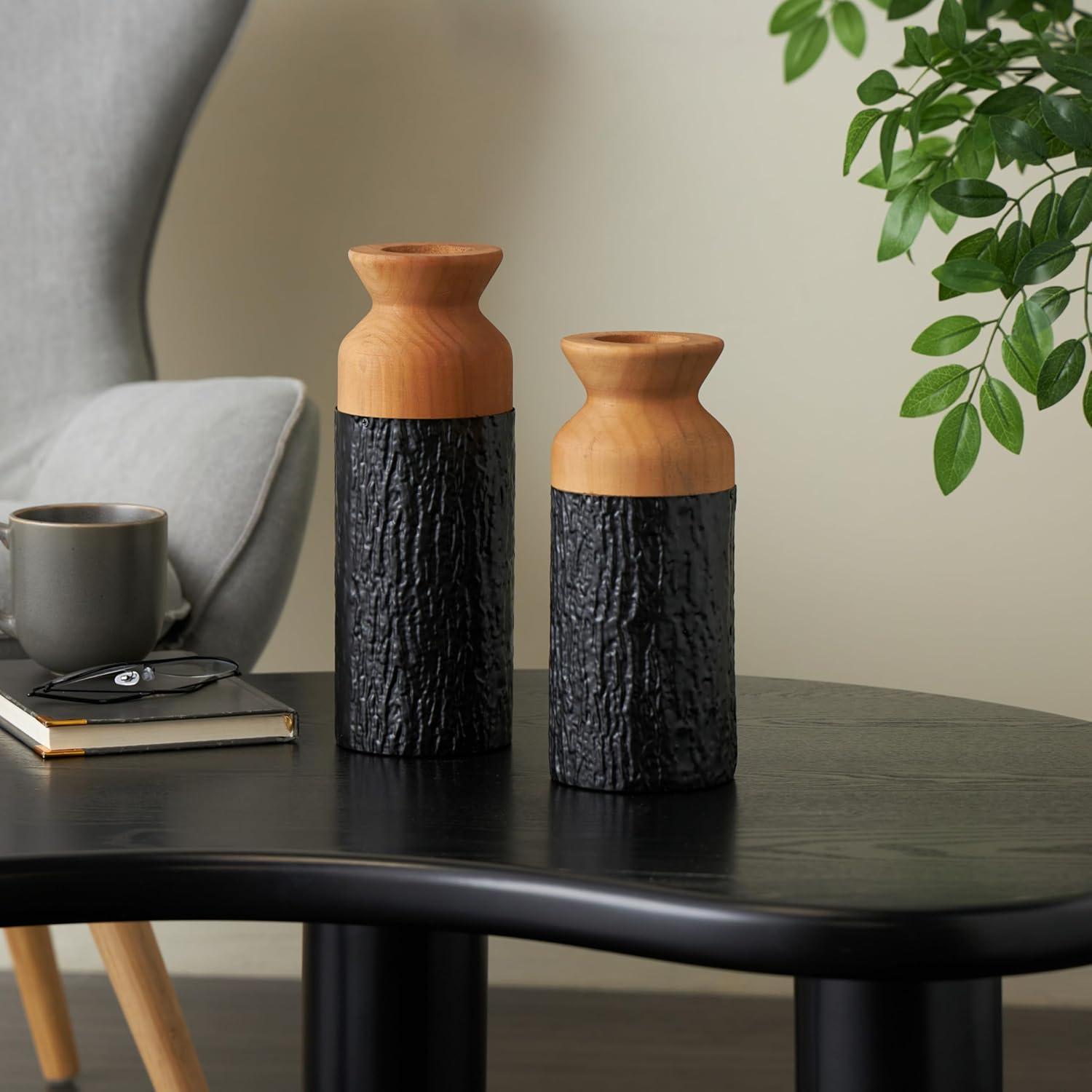 imageDeco 79 Metal Decorative Vase Color Block Centerpiece Vases with Rounded Linear Grooves and Brown Wood Tops Set of 2 Flower Vases for Home Decoration 11quot 10quot H BlackBlack