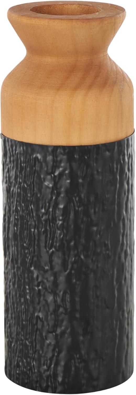 imageDeco 79 Metal Decorative Vase Color Block Centerpiece Vases with Rounded Linear Grooves and Brown Wood Tops Set of 2 Flower Vases for Home Decoration 11quot 10quot H BlackBlack
