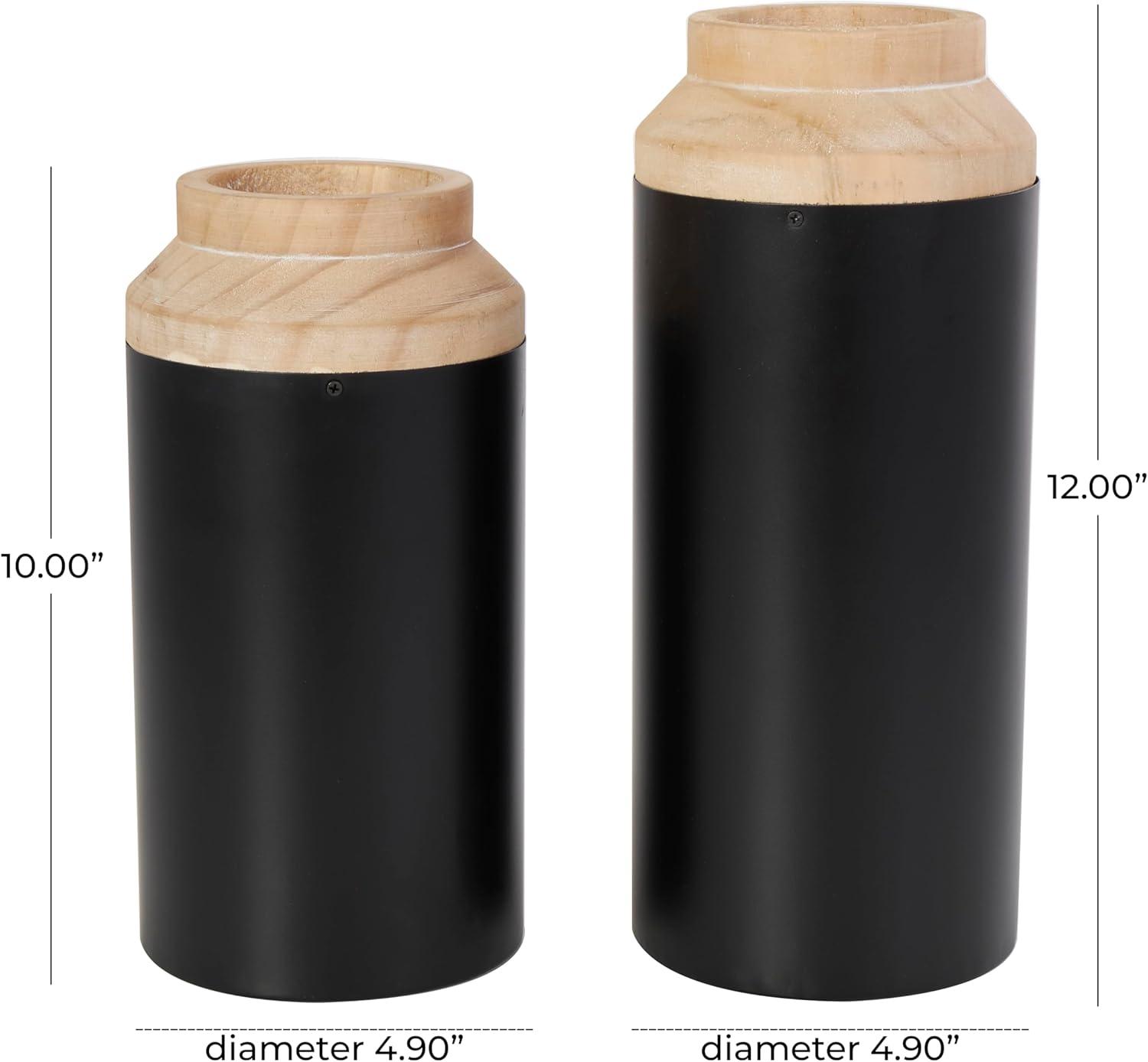 imageDeco 79 Metal Decorative Vase Color Block Centerpiece Vases with Rounded Linear Grooves and Brown Wood Tops Set of 2 Flower Vases for Home Decoration 11quot 10quot H BlackBlack