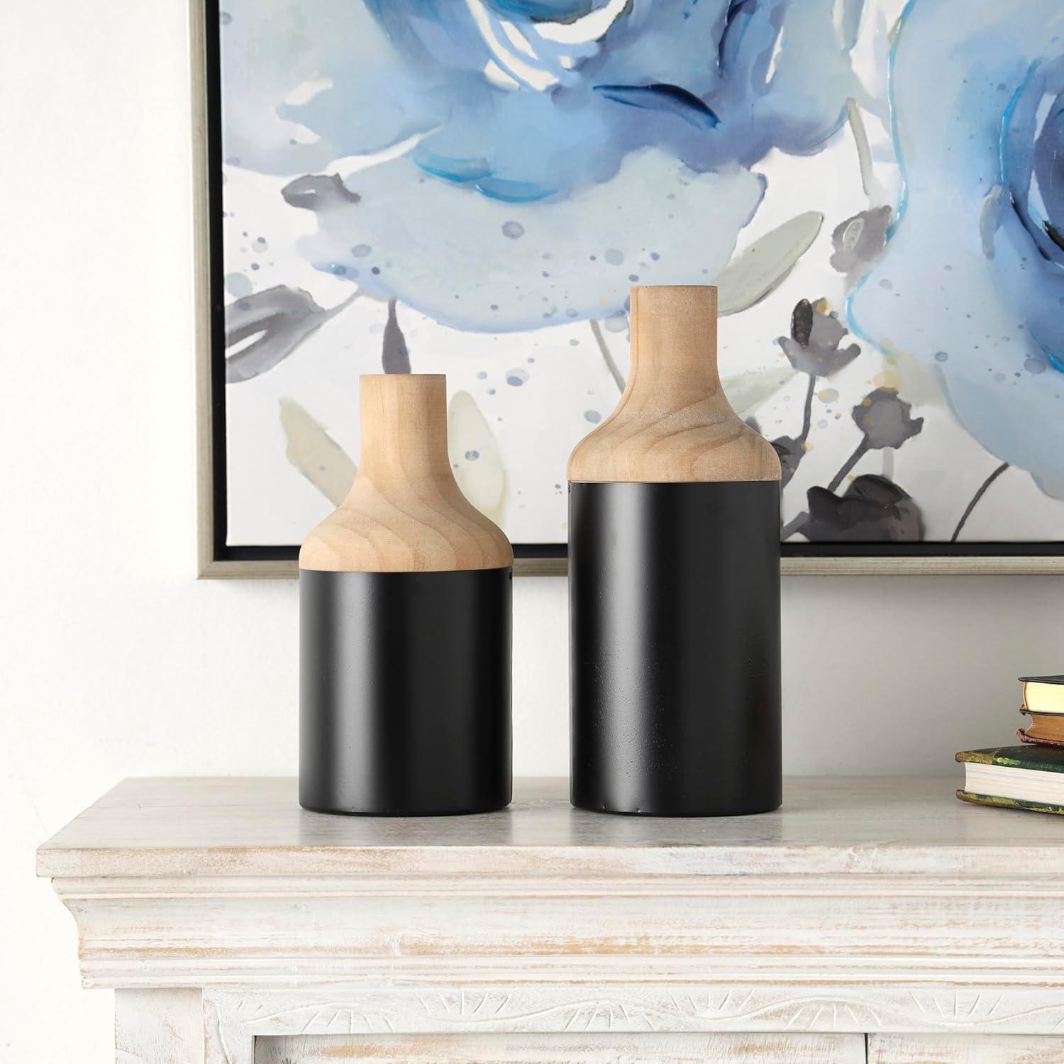 imageDeco 79 Metal Decorative Vase Color Block Centerpiece Vases with Rounded Linear Grooves and Brown Wood Tops Set of 2 Flower Vases for Home Decoration 11quot 10quot H BlackBlack
