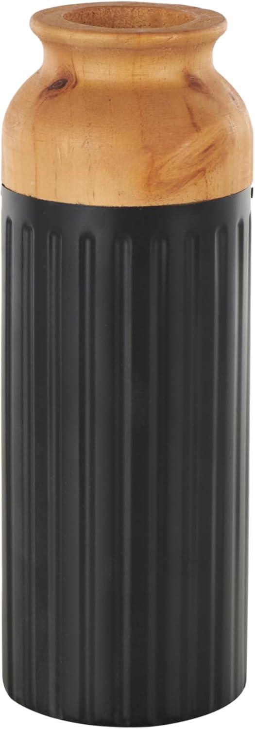 imageDeco 79 Metal Decorative Vase Color Block Centerpiece Vases with Rounded Linear Grooves and Brown Wood Tops Set of 2 Flower Vases for Home Decoration 11quot 10quot H BlackBlack