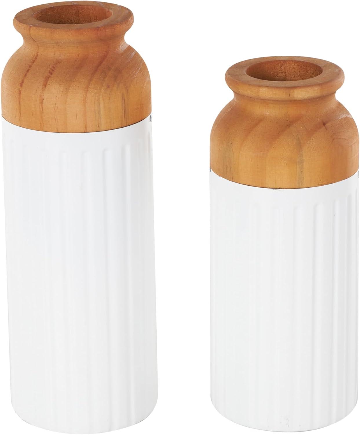 imageDeco 79 Metal Decorative Vase Color Block Centerpiece Vases with Rounded Linear Grooves and Brown Wood Tops Set of 2 Flower Vases for Home Decoration 11quot 10quot H BlackWhite