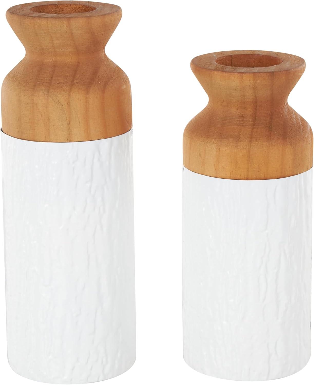 imageDeco 79 Metal Decorative Vase Color Block Centerpiece Vases with Rounded Linear Grooves and Brown Wood Tops Set of 2 Flower Vases for Home Decoration 11quot 10quot H BlackWhite