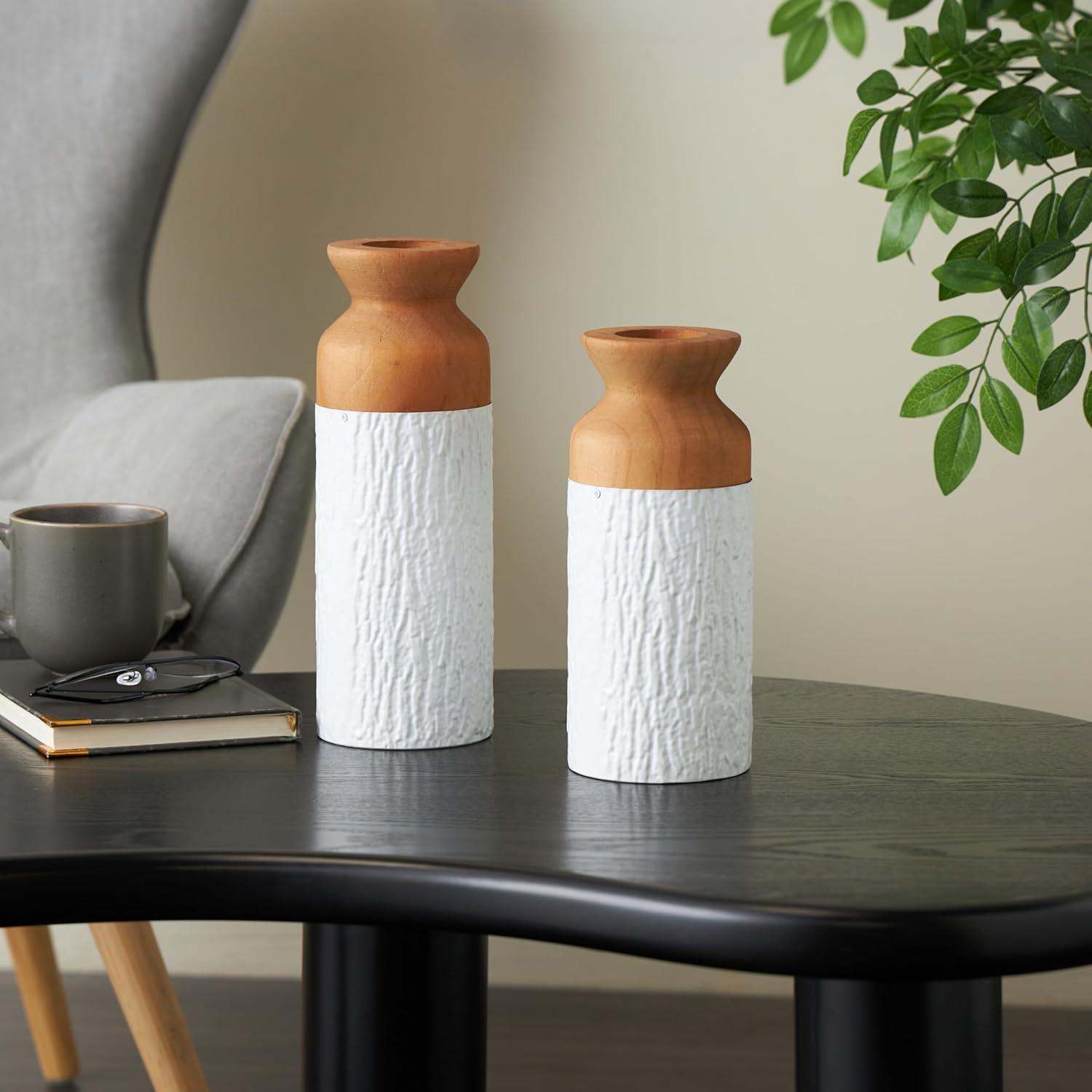 imageDeco 79 Metal Decorative Vase Color Block Centerpiece Vases with Rounded Linear Grooves and Brown Wood Tops Set of 2 Flower Vases for Home Decoration 11quot 10quot H BlackWhite