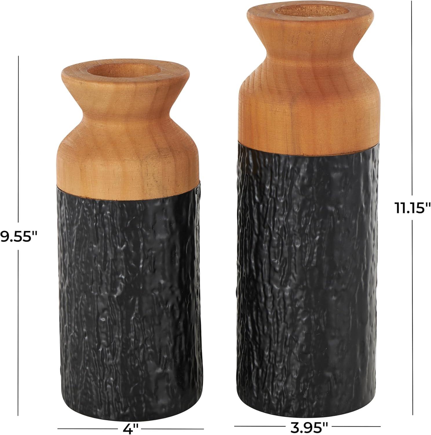 imageDeco 79 Metal Decorative Vase Color Block Centerpiece Vases with Rounded Linear Grooves and Brown Wood Tops Set of 2 Flower Vases for Home Decoration 11quot 10quot H BlackBlack