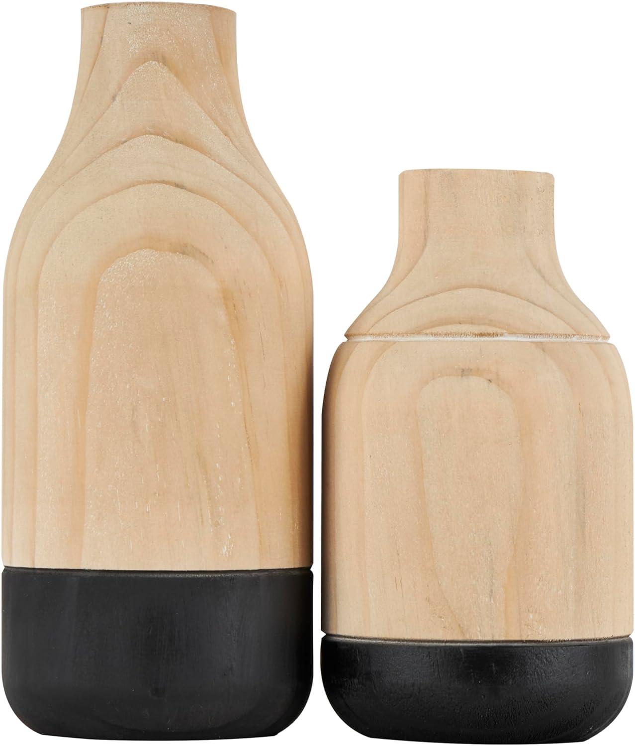 imageDeco 79 Metal Decorative Vase Color Block Centerpiece Vases with Rounded Linear Grooves and Brown Wood Tops Set of 2 Flower Vases for Home Decoration 11quot 10quot H BlackLight Brown