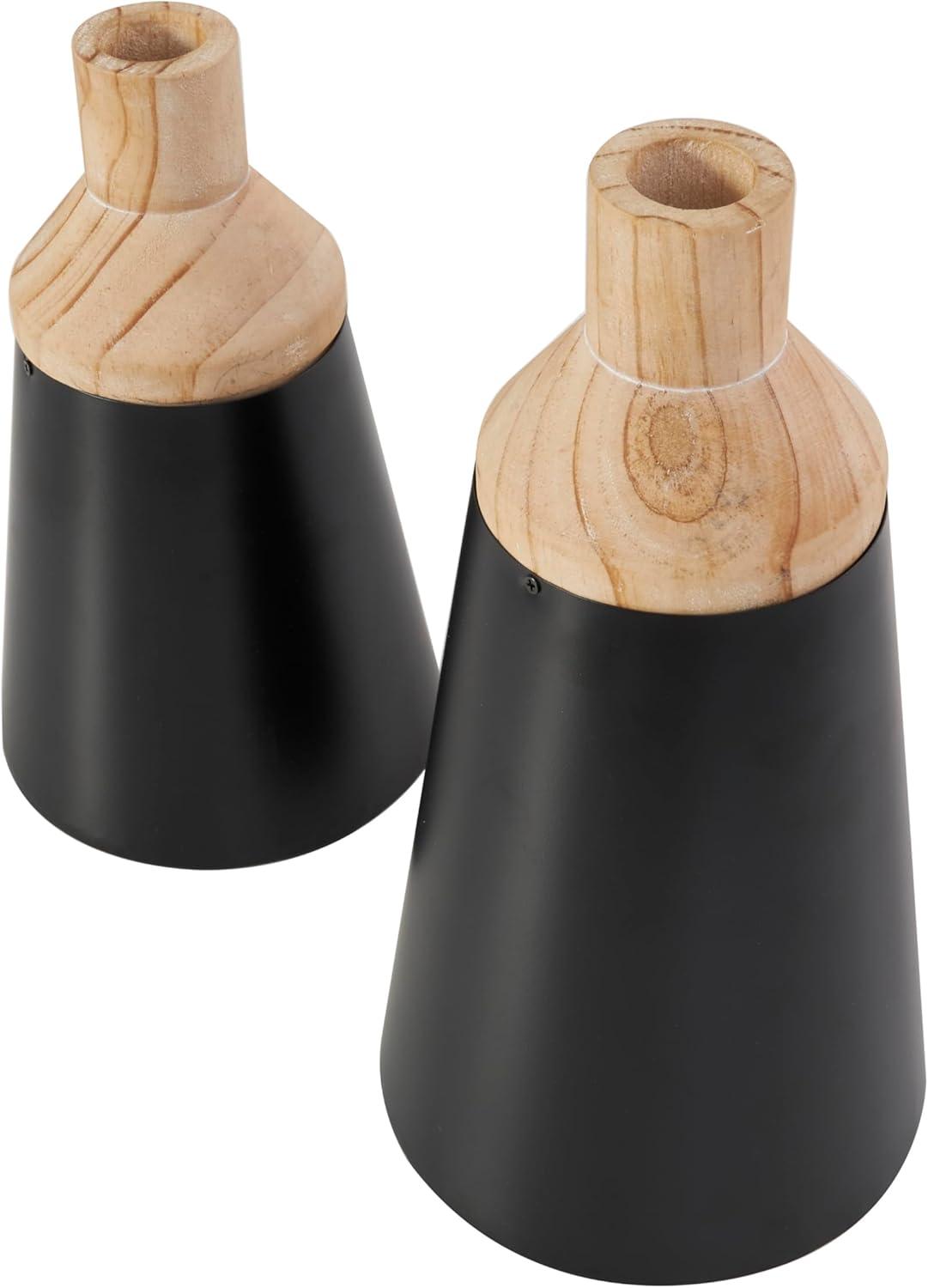 imageDeco 79 Metal Decorative Vase Color Block Centerpiece Vases with Rounded Linear Grooves and Brown Wood Tops Set of 2 Flower Vases for Home Decoration 11quot 10quot H BlackBlack
