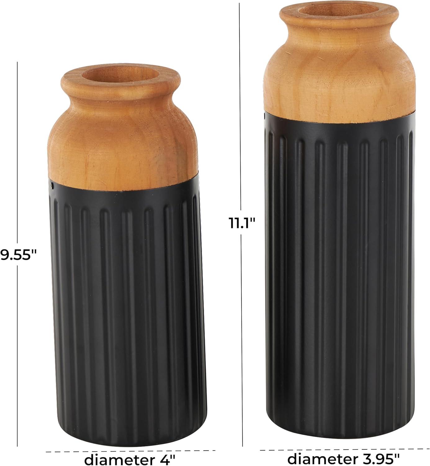 imageDeco 79 Metal Decorative Vase Color Block Centerpiece Vases with Rounded Linear Grooves and Brown Wood Tops Set of 2 Flower Vases for Home Decoration 11quot 10quot H BlackBlack