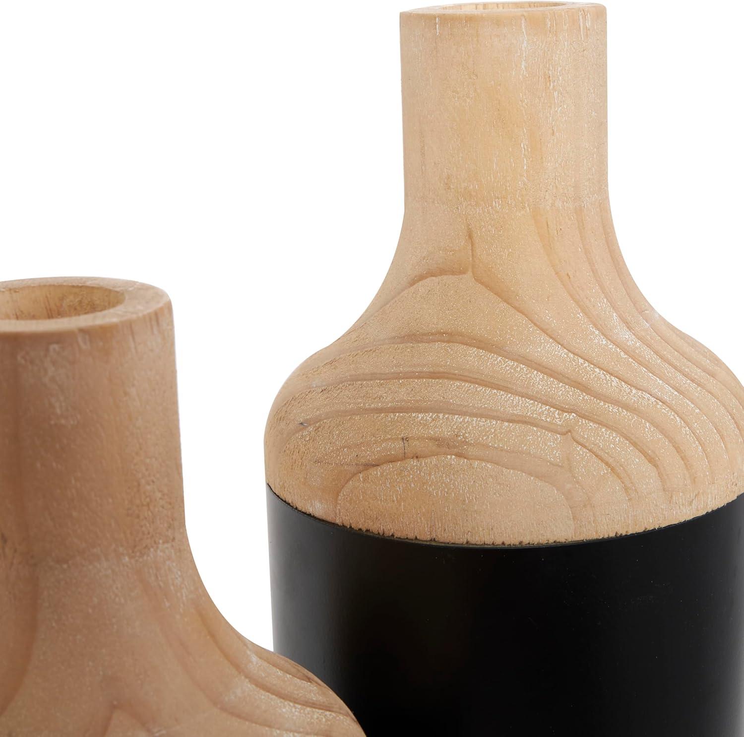 imageDeco 79 Metal Decorative Vase Color Block Centerpiece Vases with Rounded Linear Grooves and Brown Wood Tops Set of 2 Flower Vases for Home Decoration 11quot 10quot H BlackBlack