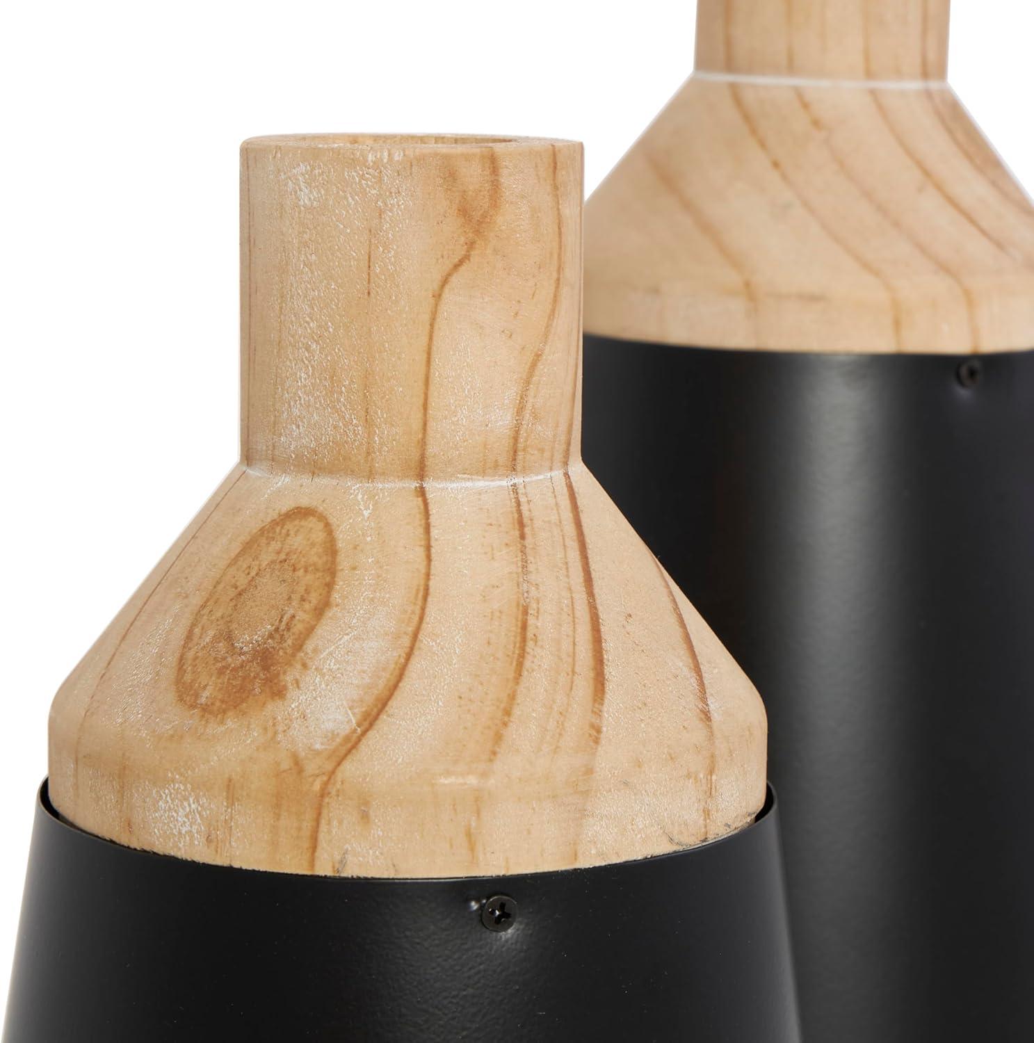 imageDeco 79 Metal Decorative Vase Color Block Centerpiece Vases with Rounded Linear Grooves and Brown Wood Tops Set of 2 Flower Vases for Home Decoration 11quot 10quot H BlackBlack