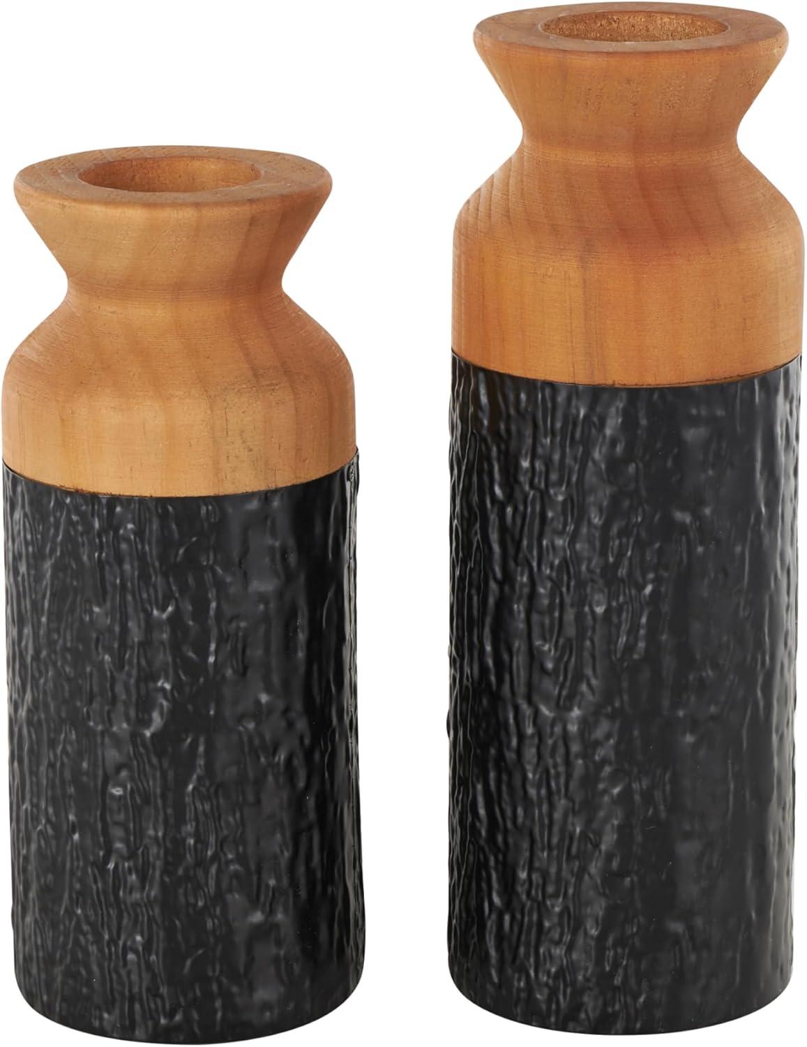 imageDeco 79 Metal Decorative Vase Color Block Centerpiece Vases with Rounded Linear Grooves and Brown Wood Tops Set of 2 Flower Vases for Home Decoration 11quot 10quot H BlackBlack