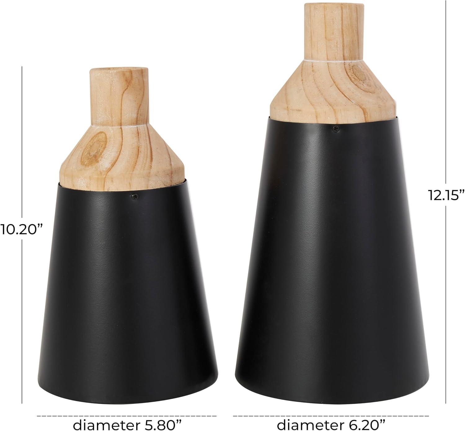 imageDeco 79 Metal Decorative Vase Color Block Centerpiece Vases with Rounded Linear Grooves and Brown Wood Tops Set of 2 Flower Vases for Home Decoration 11quot 10quot H BlackBlack