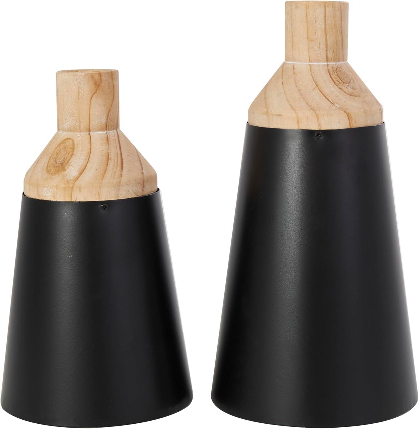 imageDeco 79 Metal Decorative Vase Color Block Centerpiece Vases with Rounded Linear Grooves and Brown Wood Tops Set of 2 Flower Vases for Home Decoration 11quot 10quot H BlackBlack