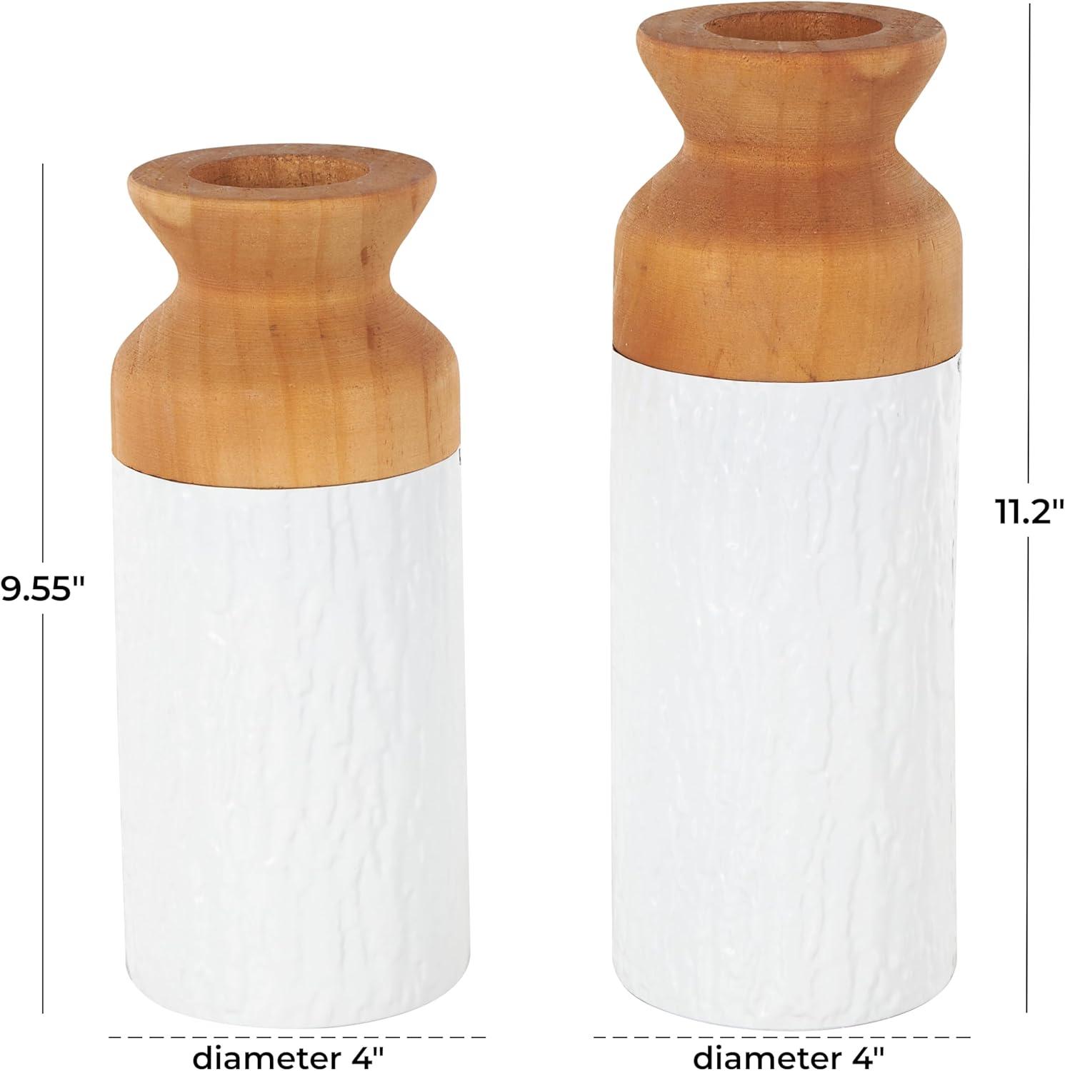 imageDeco 79 Metal Decorative Vase Color Block Centerpiece Vases with Rounded Linear Grooves and Brown Wood Tops Set of 2 Flower Vases for Home Decoration 11quot 10quot H BlackWhite