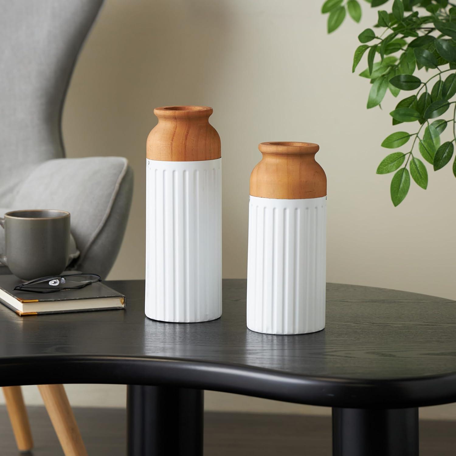 imageDeco 79 Metal Decorative Vase Color Block Centerpiece Vases with Rounded Linear Grooves and Brown Wood Tops Set of 2 Flower Vases for Home Decoration 11quot 10quot H BlackWhite