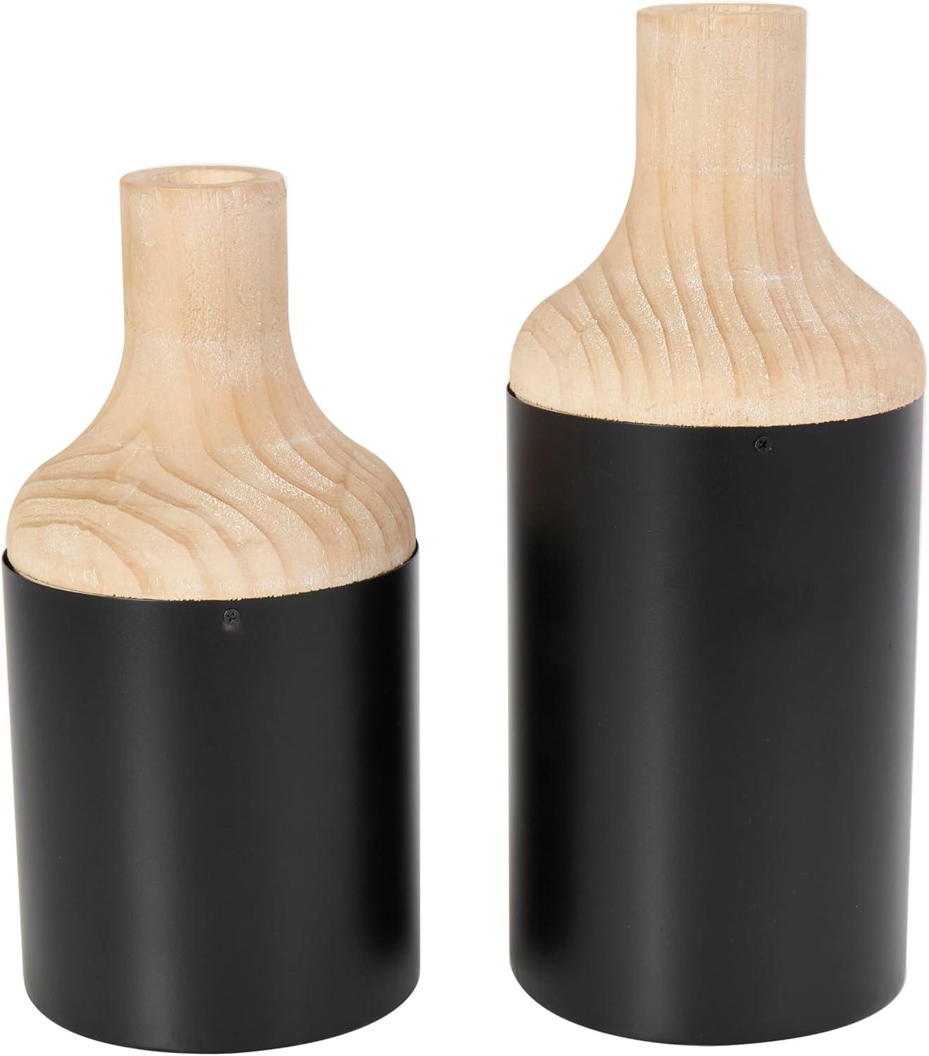 imageDeco 79 Metal Decorative Vase Color Block Centerpiece Vases with Rounded Linear Grooves and Brown Wood Tops Set of 2 Flower Vases for Home Decoration 11quot 10quot H BlackBlack