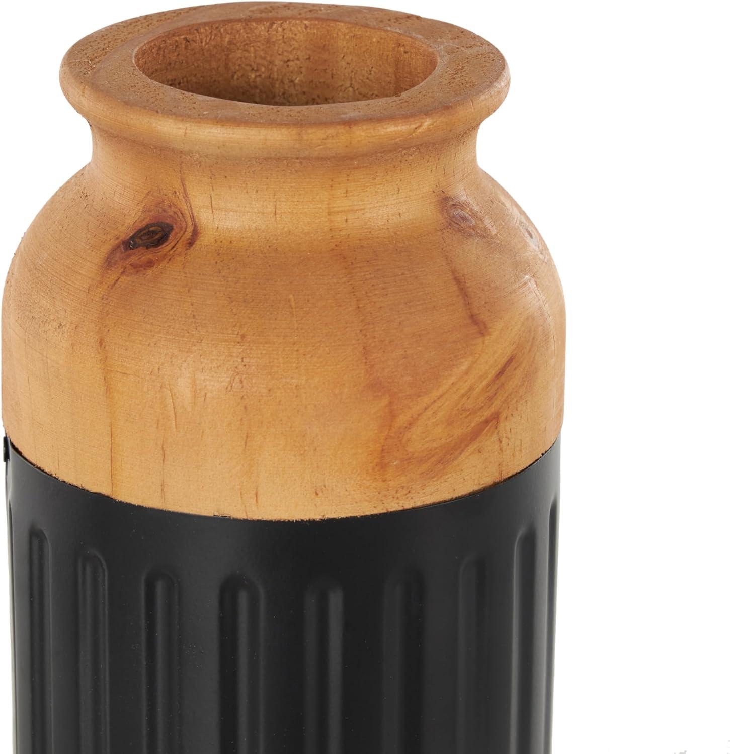 imageDeco 79 Metal Decorative Vase Color Block Centerpiece Vases with Rounded Linear Grooves and Brown Wood Tops Set of 2 Flower Vases for Home Decoration 11quot 10quot H BlackBlack