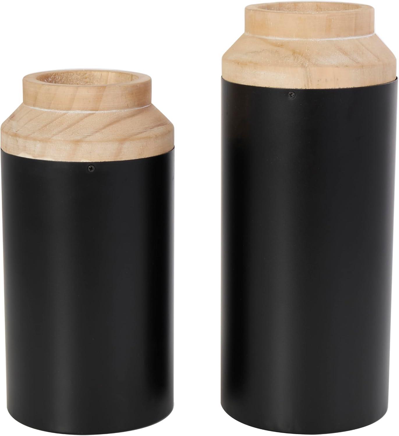 imageDeco 79 Metal Decorative Vase Color Block Centerpiece Vases with Rounded Linear Grooves and Brown Wood Tops Set of 2 Flower Vases for Home Decoration 11quot 10quot H BlackBlack