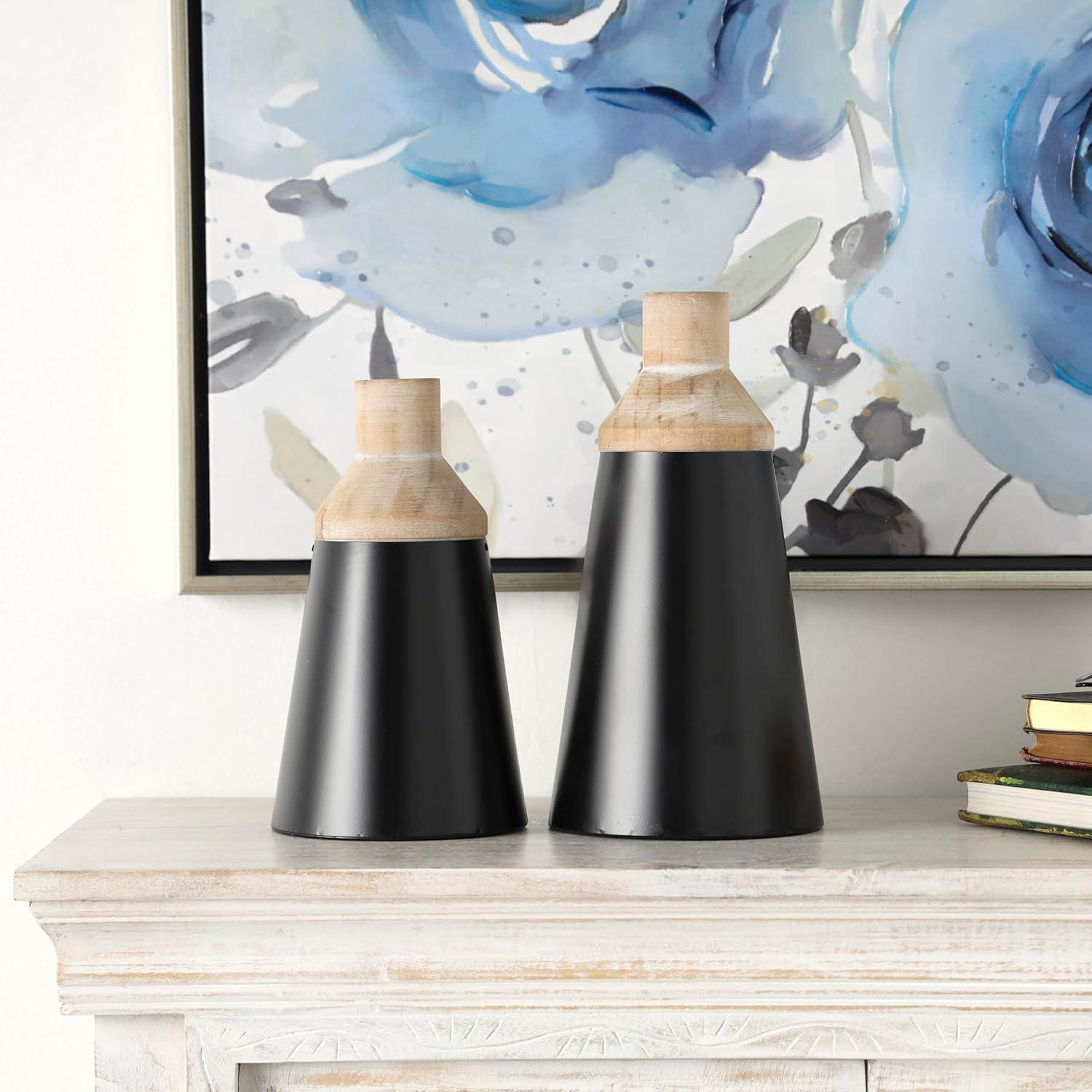 imageDeco 79 Metal Decorative Vase Color Block Centerpiece Vases with Rounded Linear Grooves and Brown Wood Tops Set of 2 Flower Vases for Home Decoration 11quot 10quot H BlackBlack