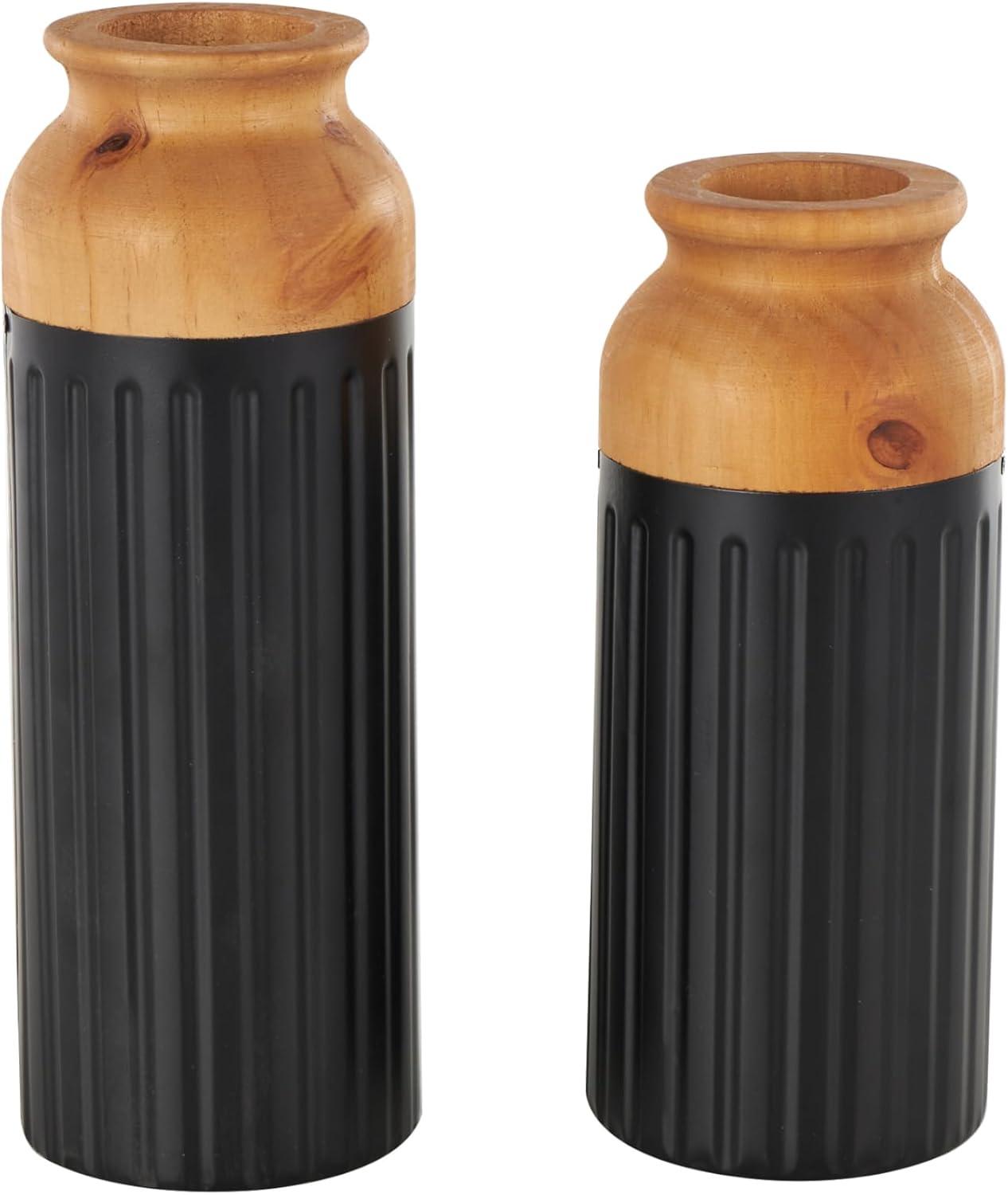 imageDeco 79 Metal Decorative Vase Color Block Centerpiece Vases with Rounded Linear Grooves and Brown Wood Tops Set of 2 Flower Vases for Home Decoration 11quot 10quot H BlackBlack