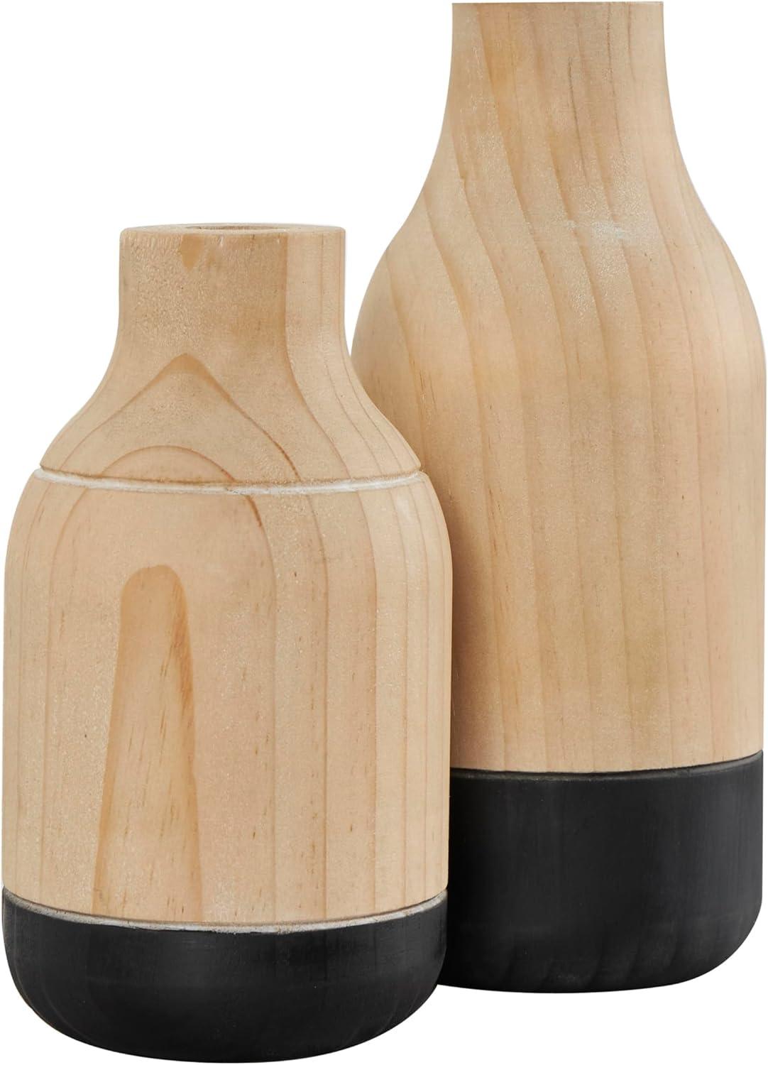 imageDeco 79 Metal Decorative Vase Color Block Centerpiece Vases with Rounded Linear Grooves and Brown Wood Tops Set of 2 Flower Vases for Home Decoration 11quot 10quot H BlackLight Brown