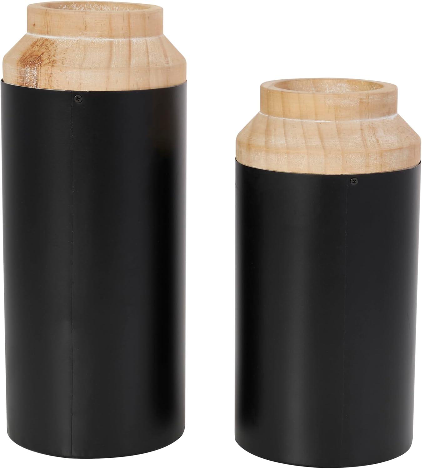 imageDeco 79 Metal Decorative Vase Color Block Centerpiece Vases with Rounded Linear Grooves and Brown Wood Tops Set of 2 Flower Vases for Home Decoration 11quot 10quot H BlackBlack