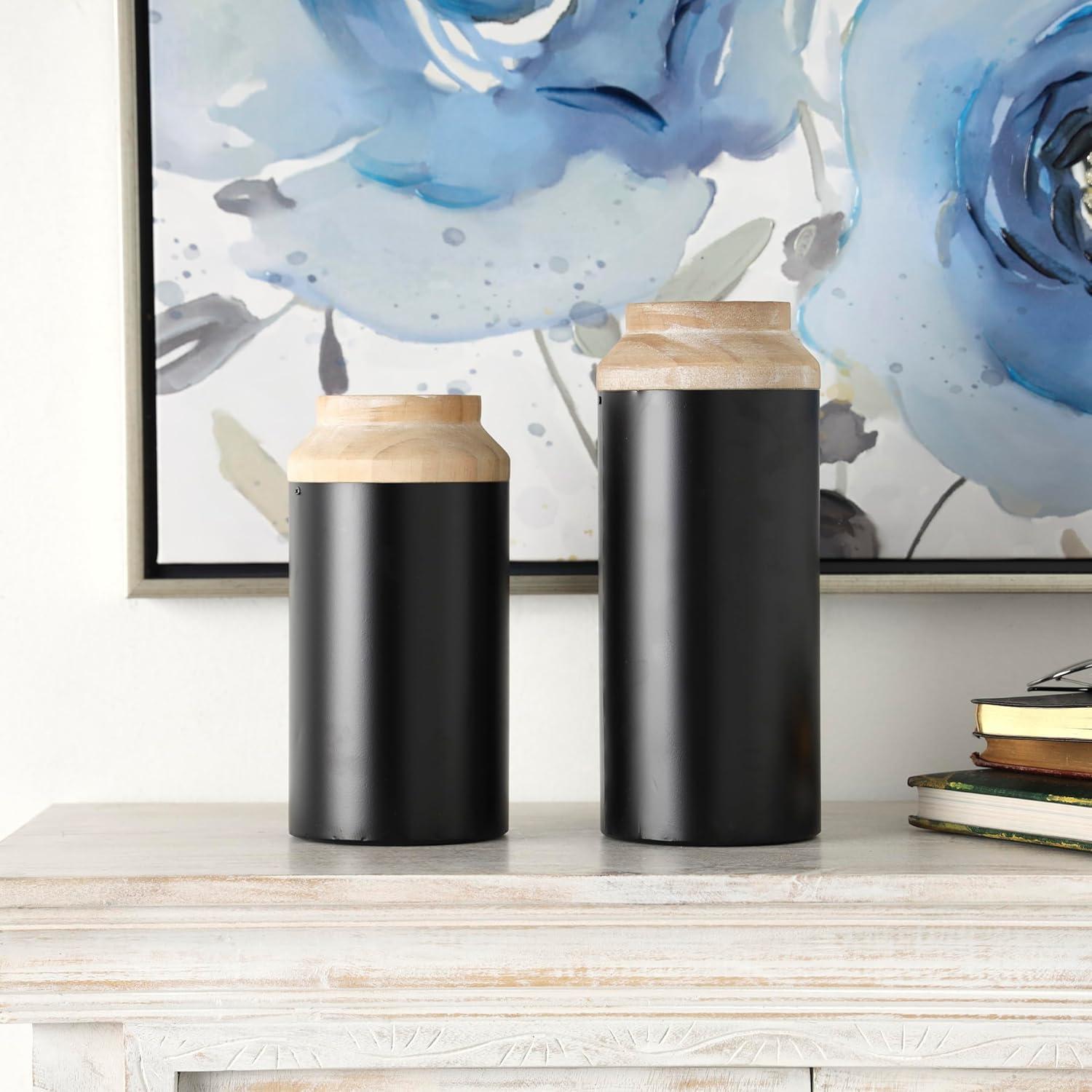 imageDeco 79 Metal Decorative Vase Color Block Centerpiece Vases with Rounded Linear Grooves and Brown Wood Tops Set of 2 Flower Vases for Home Decoration 11quot 10quot H BlackBlack